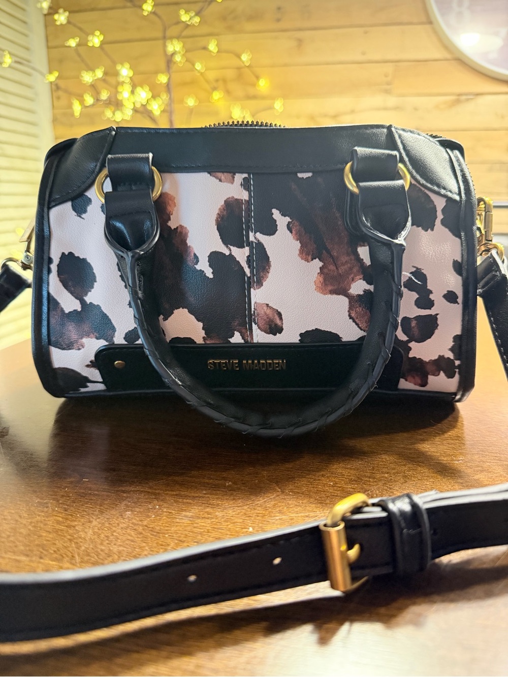 Steve Madden Black, White & Brown Printed Satchel